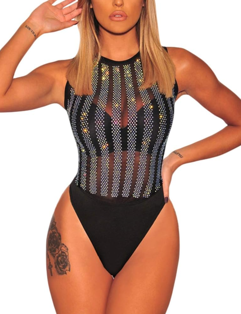 SEBOWEL Women Long Sleeves Mesh See Through Jumpsuit Bodysuit Top Leotard, L