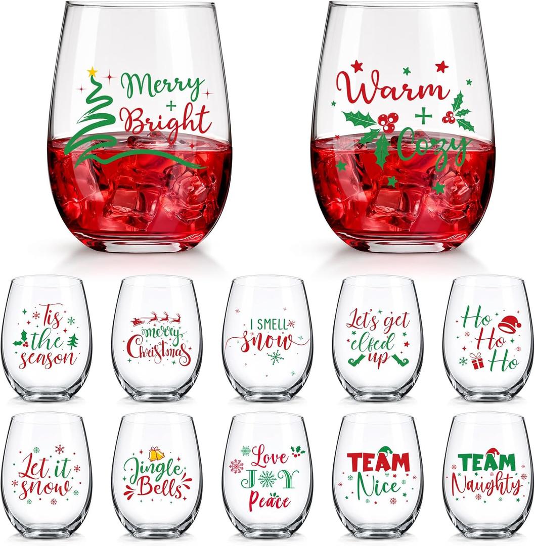 12 Pcs Christmas Glasses Bulk 12 oz Merry Xmas Stemless Glass Funny Tree Santa Snowman Drinking Cups Xmas Party Gift for Family Friends Party Event (Christmas Words)