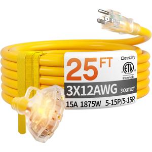 25 ft 12 Gauge Heavy Duty 3 Outlet Extension Cord Splitter with Indicator, Waterproof Outdoor Extension Cord with Multiple Outlets, 15A 1875W for Garden, ETL Listed, Flexible Yellow SJTW