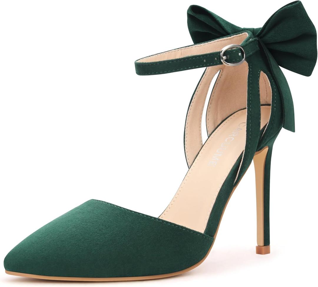 Carcuume Womens Bow Tie Back Heels Close Toe Pumps Stiletto High Heels Wedding Shoes Ankle Strap Heel Sandals (6, Green)