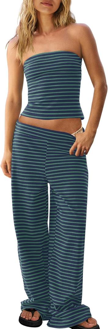 Panadila Womens Striped Two Piece Sets Summer Lounge Outfits Sailor Tube Top and Pants Matching Set Beach Vacation Travel Y2k (Large, Navy Green Combo)