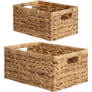 StorageWorks Wicker Storage Baskets, Large and Small Baskets, Handwoven Water Hyacinth Basket for Organizing, Decorative Organizers with Built-in Handles, Set of 2 (15"D x 11"W x 7"H + 13"D x 9"W x 6"H)