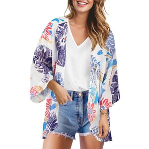 TBONTB Women's Kimono Cover Ups for Beach Floral Short Sleeve Loose Summer Cardigan Large Blue Flower