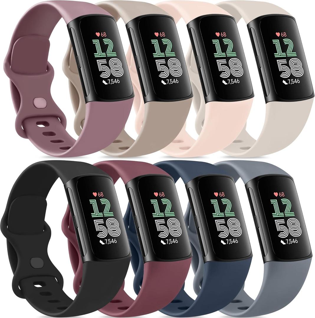 Vancle Band for Fitbit Charge 6 Bands/Fitbit Charge 5 Bands Women Men[8 PACK], Classic Soft Sport Straps Wristbands (Small, Light pink+starlight+smoky purple+milk tea+black+wine red+navy blue+blue gray)
