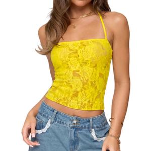 Danysu Lace Halter Tops Backless Tie Back Tank Top with Built in Bra Y2K Summer Going Out Tube Tops (Yellow, S)