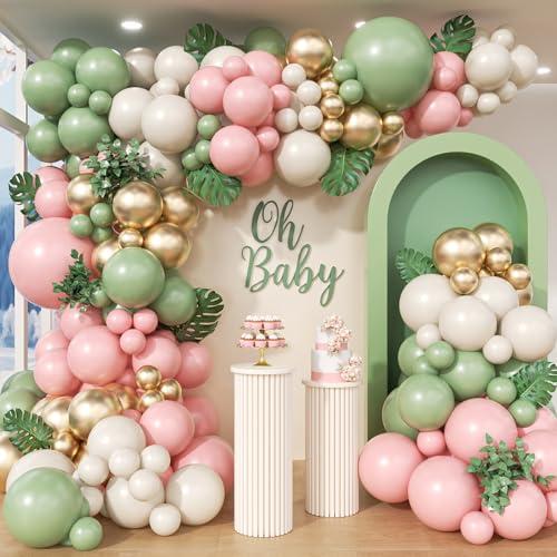 HKYOOD 152Pcs Pink and Green Balloon Garland Arch Kit - Sage Green and Pink White Sand Gold Different Size Balloons for Girl Baby Shower Wedding Birthday Jungle Safari Woodland Party Decorations
