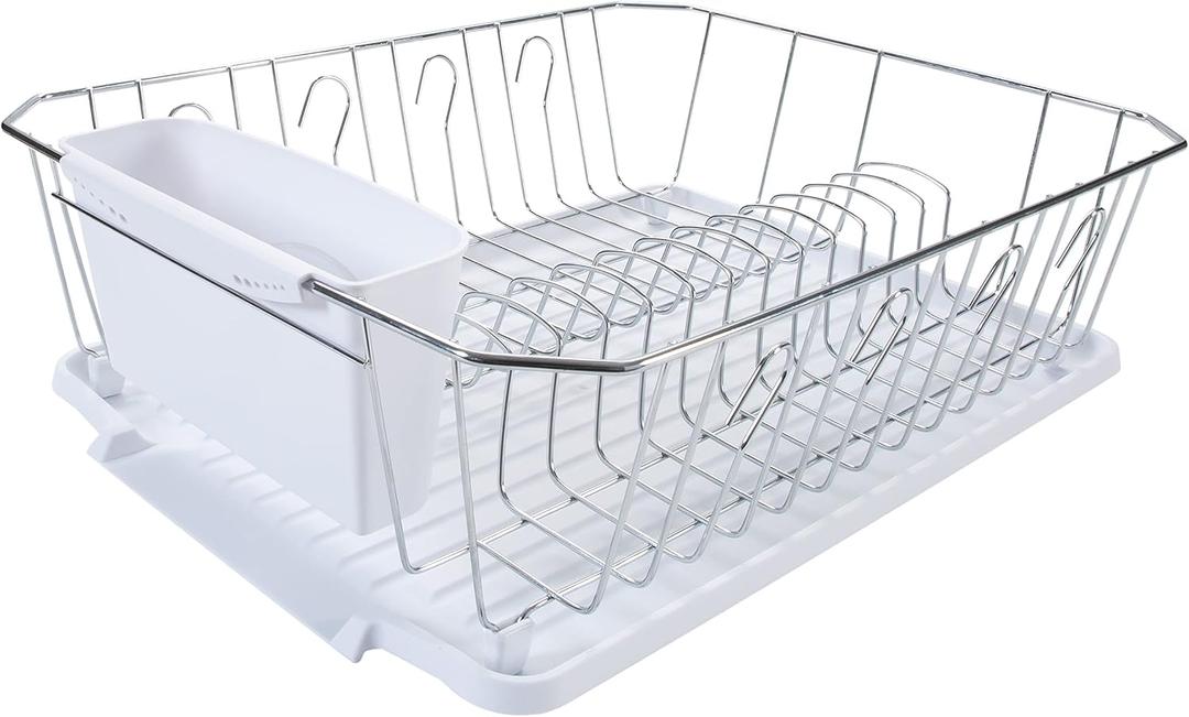 Kitchen Details 3 Piece Dish Rack | Drying Rack, Cutlery Basket & Drainboard Tray | Countertop | Self Draining | Open Wire Design | Chrome | White