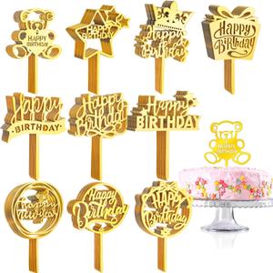 150 Pcs Happy Birthday Cake Toppers Acrylic Cake Topper Glitter Birthday Cake Decorations Double Sided for Adults Various Cake Decoration Party Supplies(Gold,Retro)