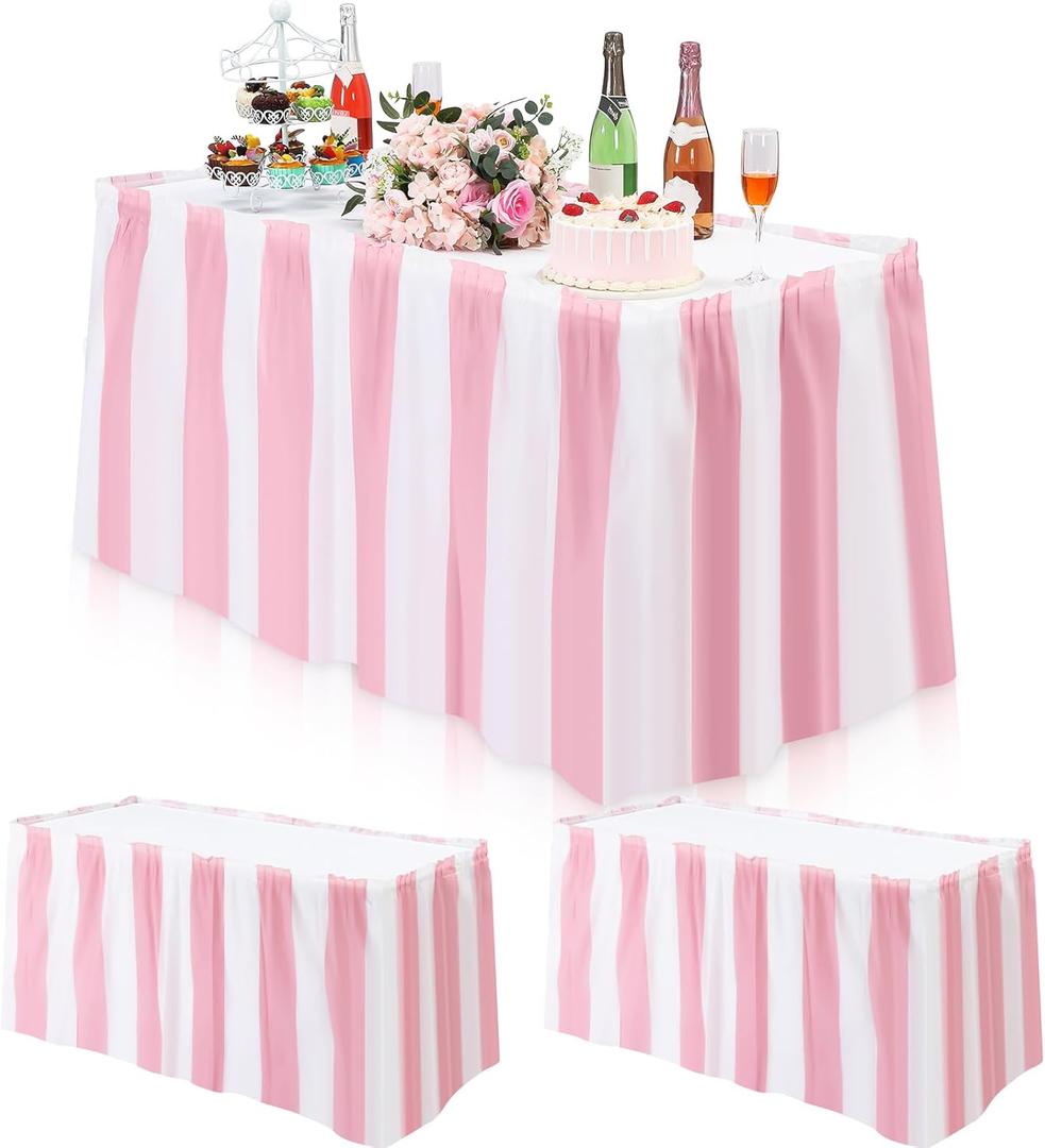 3 Pack Pink Carnival Table Skirt Party Decorations Pink and White Striped Table Skirts Disposable Carnival Decorations for Circus Party Decor Wedding Baby Shower Supplies, 29" x 14 ft