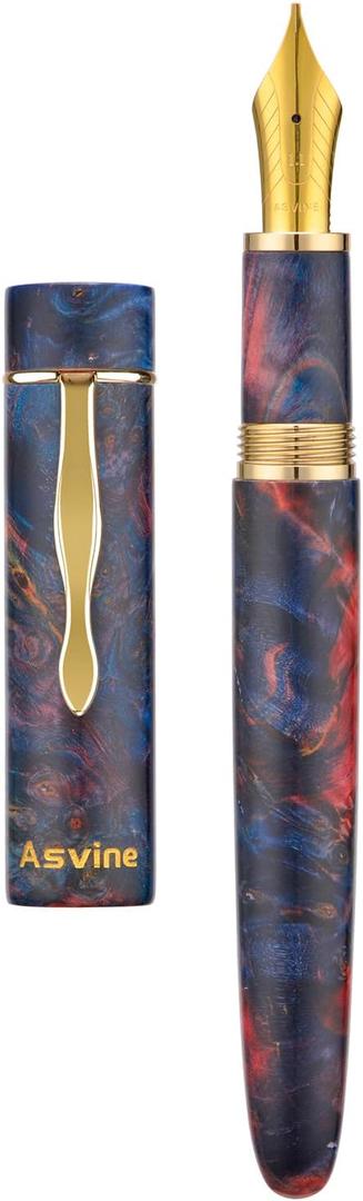 Asvine Stabilized Wood Fountain Pen C2000 Number 8 Fine Nib Large Handcraft Unique Pattern Pen with Converter Pen Box Collection Set- Sunset
