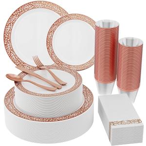 Count Rose Gold Plastic Dinnerware Disposable Plates 30 Dinner & 30 Dessert Plates & 30 Cups & 30 Rose Gold Paper Napkins & 30 Plastic Silverware Set