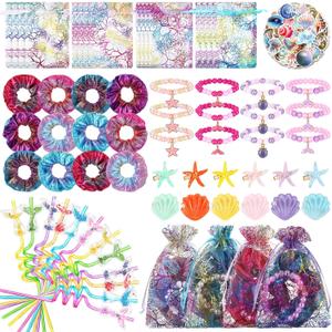 120 Pcs Mermaid Party Supplies 12 Mermaid Tail Straws 12 Bracelets 12 Gift Bags 12 Hair Scrunchies 12 Shell Hair Clips and 60 Beach Stickers for Birthday Decor, Piata Supplies