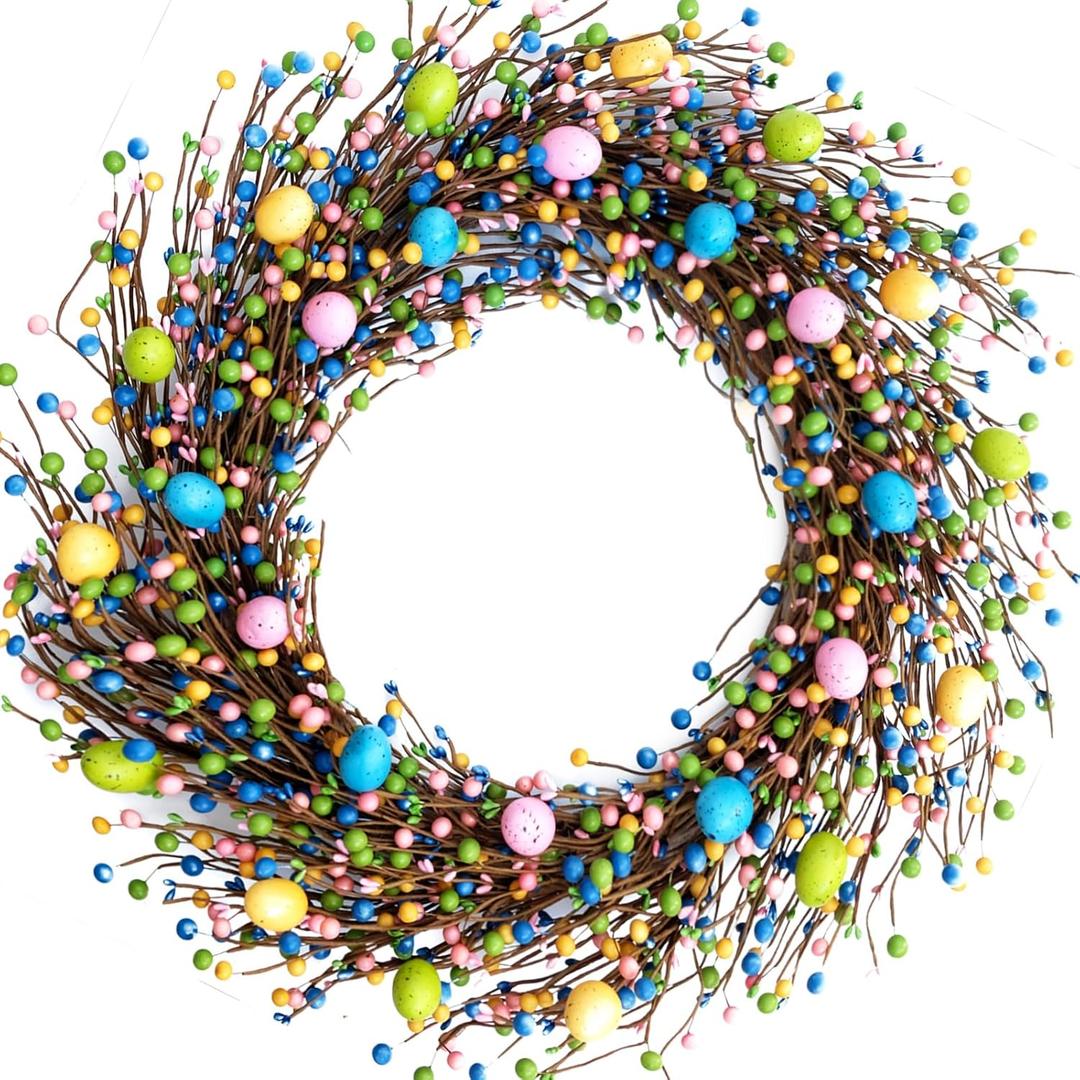 26 Inch Spring Easter Colorful Egg Wreath for Front Door, Colorful Home Decoration Easter Eggs and Berries Wreath for Indoor and Outdoor Use
