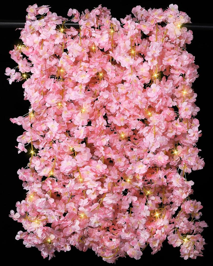 Jutom 8 Pcs 47.2 ft Cherry Blossom Flower Garland with String Light Artificial Hanging Silk Pink Flower Vines Garland for Wedding Bedroom Spring Home Party Kawaii Japanese Decor
