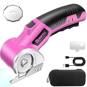 Cardboard Cutter: 4V Rechargeable Rotary Electric Box Cutter, 3000mAh Battery, with LED Light & Safety Lock, 2 Blades, Cordless Electric Scissorsfor Fabric Carpet Carton Plastic Leather Cloth (Pink)