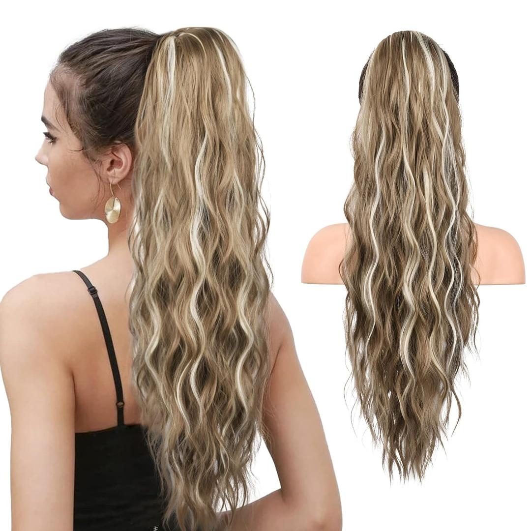 HOOJIH Ponytail Extension, Drawstring Ponytail Hair Extensions 26 Inch Long Curly Wavy Ponytail Natural Wavy Synthetic Hairpiece for Women Daily Use - Deep Blonde with Blonde highlights