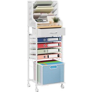 SWTYMIKI 10-Tier Rolling File Cart - Mesh Paper Organizer with Drawer and Hanging File Folders on Lockable Wheels, Rolling File Cabinet for Office Organization, Storage in Home, Studio, School, White