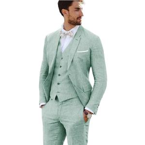 Linen Suit 3 Pieces Vintage Retro Wedding Prom Suits Slim Fit Jacket Blazer Groom Tuxedos (Light Green) XL