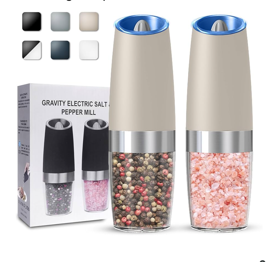 Gravity Electric Salt and Pepper Grinder set of 2, Automatic Salt And Pepper Grinder Set, Adjustable Roughness, Battery Powered, LED Light, 2 Pack, (Khaki)