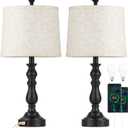 23'' Farmhouse Table Lamps for Living Room Set of 2 with USB C+A Ports, Retro Bedside Lamp for Bedroom, Office, Dining Room, Knob Switch, 3 Color Temperatures, Bulb Included, Black
