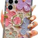 for Samsung Galaxy S25 Ultra Glitter Floral Case, Cute Colorful Retro Oil Painting Printed Flowers with Bling Sparkly Ring Kickstand Shockproof Women Girls Case for Galaxy S25 Ultra,Colorful