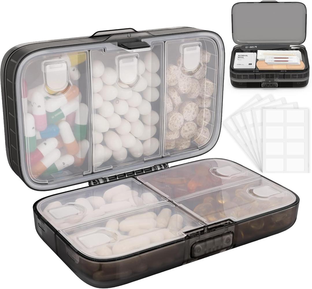 FYY Weekly Pill Organizer with Labels,8 Compartments Travel Daily Pill Case Airtight Moistureproof Large Pill Box to Hold Vitamins, Fish Oil, Supplements, Cotton Swab and Bandages-Black