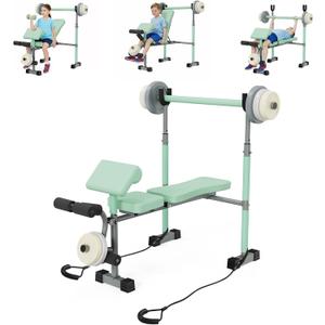 Kids Workout Equipment, Adjustable Kids Workout Bench with Preacher Pad & Leg Developer, Fillable Weight Plates for Home Gym Fitness & Exercise