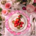 Gandeer 4 Pcs Pink Bow Placemats Coquette Embroidered Place Mats Pink Cotton Decorative Table Mats for Home Wedding Baby Shower Birthday Party Decor(Round Hollow)