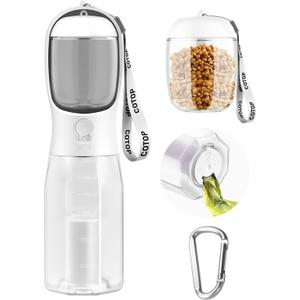 20oz Dog Water Bottle with Food Container & Poop Bag Dispenser | Leak-Proof Portable Pet Water Dispenser with Carabiner Clip | for Walking, Hiking, Travel (White)