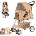 Pet Stroller for Small Dogs and CatsQuick-Folding Portable Travel Cat Dog Stroller with Storage Basket and Cup Holder, 4 Wheels, Beige