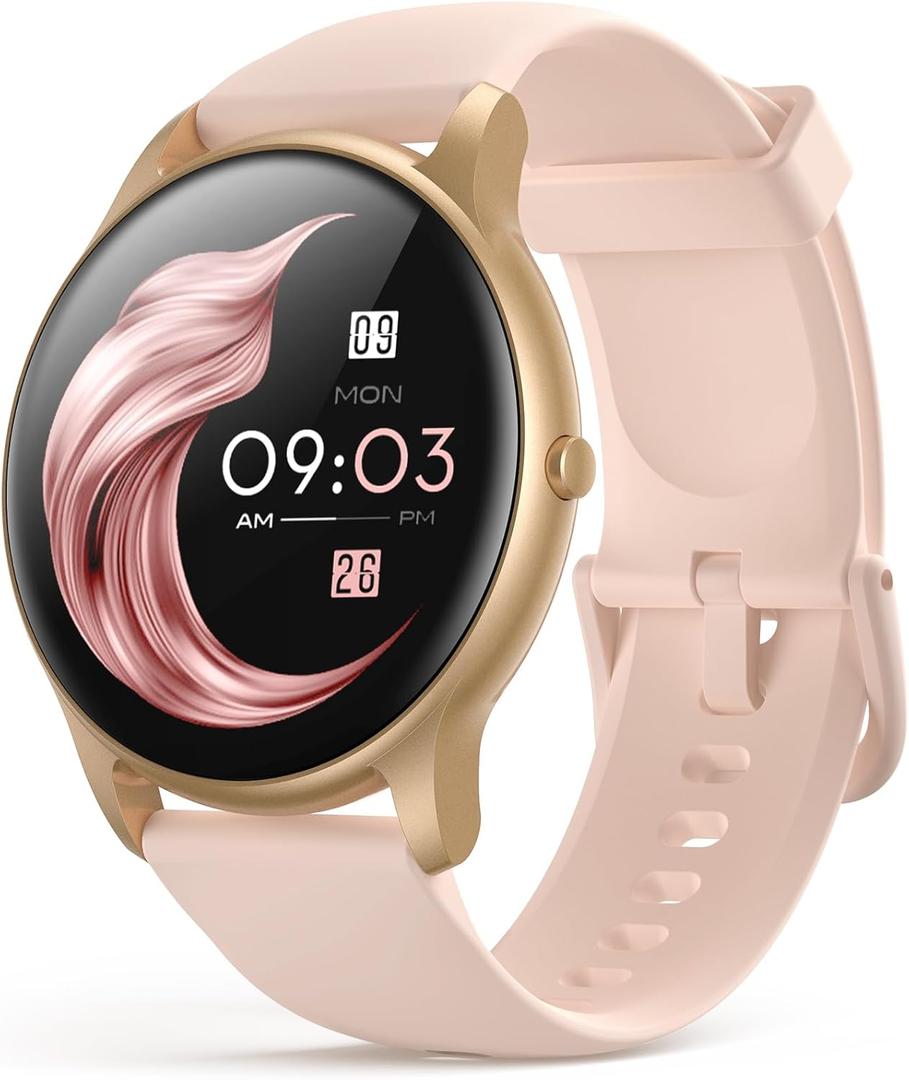 AGPTEK Smart Watch for Women, 5ATM Waterproof Smartwatch for Android and iOS Phones, Fitness Tracker Watch with 100+ Sports Modes, Heart Rate Monitor Pedometer Sleep Monitor, Pink (Rose gold case with pink band)