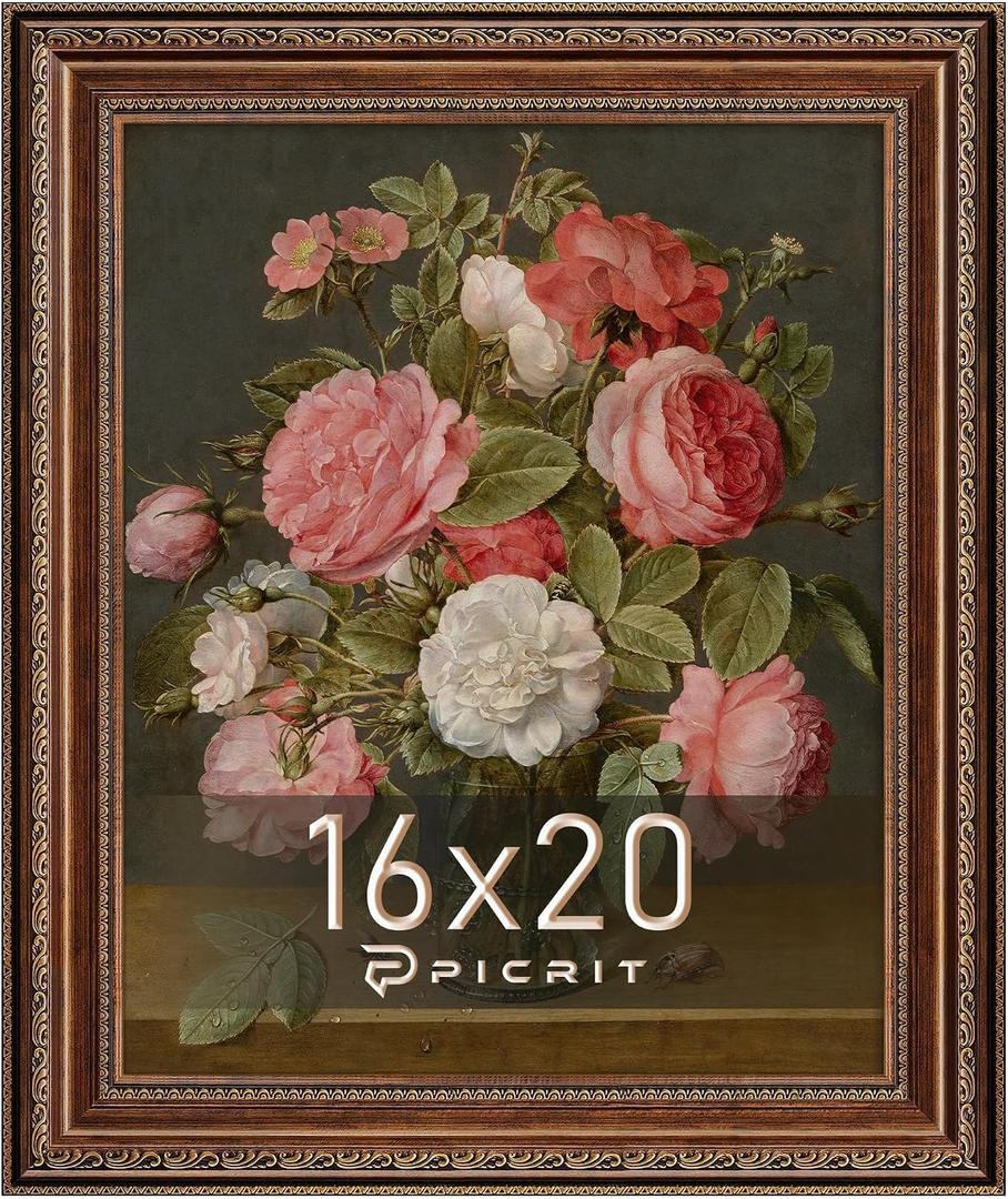 Picrit 16x20 Gold Bronze Poster Frame with 2.75-Inch Wide Ornate Border - Antique Victorian Style for Wall Mount & Gallery Art, 1 Pack.