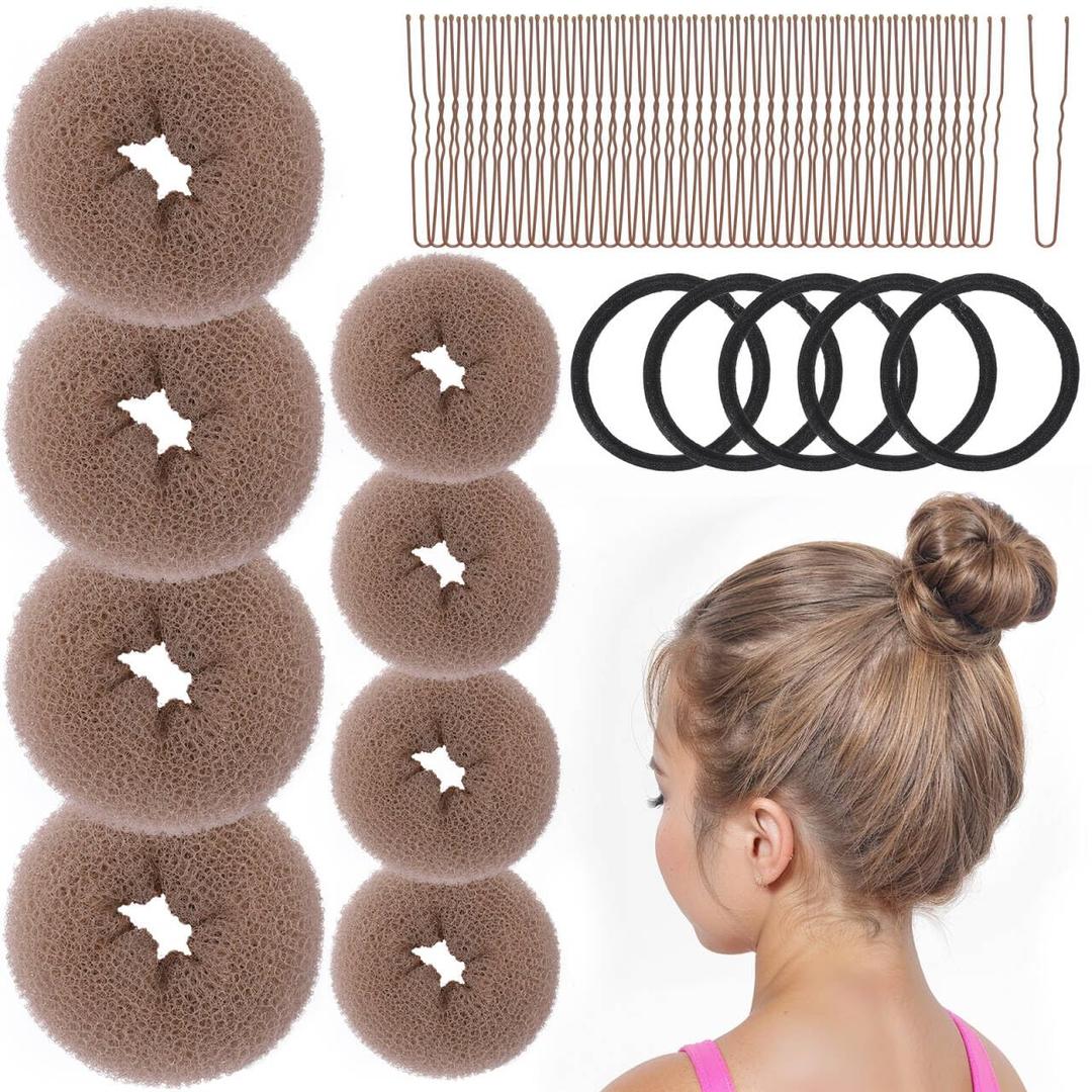 FANDAMEI Donut Bun Makers- 4PCS Extra Small 4 PCS Small Hair Bun Maker for Kids, Ballet Bun Donuts for Hair, with 5 Elastic Hair Ties and 40 Pins (Tan Brown)