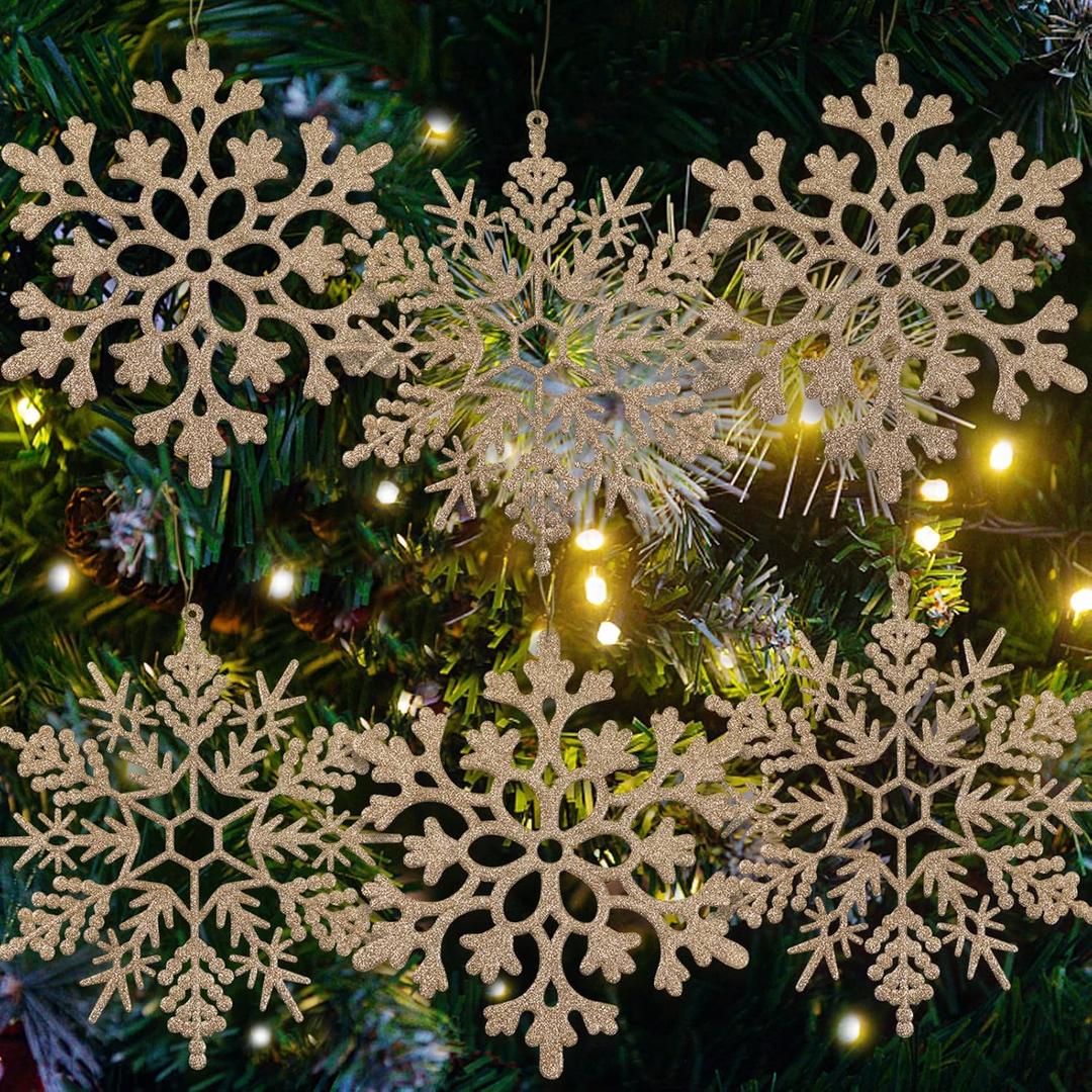 6pcs Large Champagne Gold Snowflakes Ornaments 12 Big Plastic Glitter Snowflake for Winter Indoor Outdoor Christmas Tree Window Room Decorations Giant Craft Snowflakes