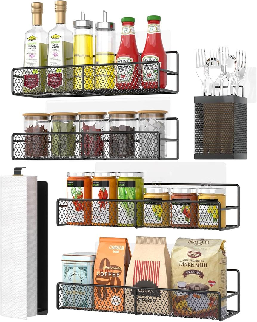 DTUQTX Spice Rack Wall Mounted 6 Pack: 100% Metal & Strong Adhesive Spice Organization for Kitchen Cabinet/Pantry Door, No Drill Hanging Seasoning Organizer with Paper Towel Holder, Utensil Caddy