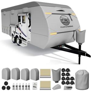 Heavy Duty Travel Trailer RV Cover 22-24ft, 8 Layers Breathable Waterproof Rip-Stop Camper Cover with Adhesive Repair Patches, Gutter, Tire & Additional Straps