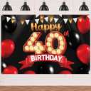 FlagY-Bn-40 Happy Birthday Banner Happy 40th Birthday Black Banner Decorations Gold Backdrop Red and Black Balloons Theme Decor for Girls Women Princess 40 Years Old Birthday Party Supplies Photo Booth Props Background Favors Glitter