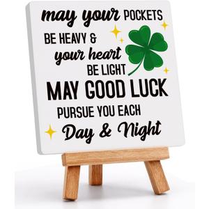 St Patricks Day Decoration - Happy Saint Patricks Day Accessories Decor, Ceramic Irish Blessing Table Desk Sign, Green Lucky Shamrock Home Office Spring Tiered Tray Decor Centerpiece