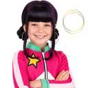 morvally Short Black Purple Wig with 2 Buns Anime Cosplay Synthetic Hair Wigs for Halloween Costume Party (Black Purple, Small Head)