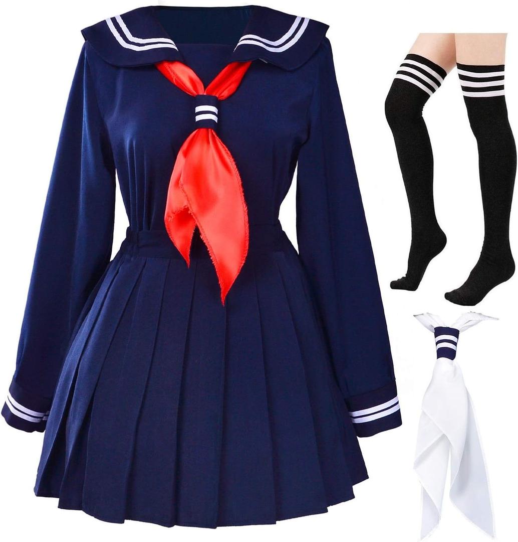 Classic Japanese School Girls Sailor Dress Shirts Uniform Anime Cosplay Costumes with Socks Set (Blue, S)