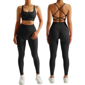 RXRXCOCO Ribbed Workout Sets for Women 2 Piece Backless Strappy Sports Bra Seamless Leggings Matching Set Yoga Outfits (Medium, #004 Black)