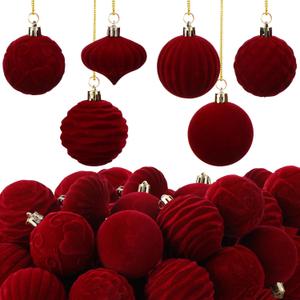 Soulchen Red Velvet Ball Ornaments for Christmas Tree 2.36 Inch Burgundy Flocked Hanging Ornament for Christmas Tree Decorations Holiday Party Accessories