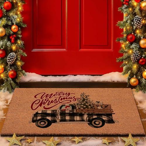 Lanpn Christmas Welcome Natural Coir Door Mat, Truck Lorry Large Coco Front Door Outdoor Doormat Outside Entrance Porch Non Slip Rubber Rug Winter Xmas Farmhouse Decor (Red, 36x24 inch)