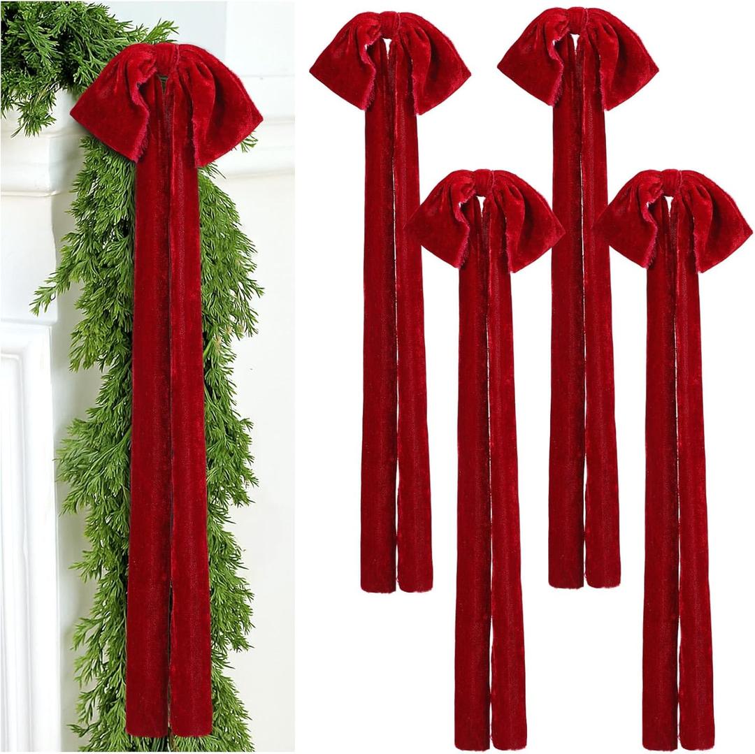 4 Pcs Large Velvet Bows for Christmas Tree 35.5 x 11.8 Inches Rustic Velvet Ribbon Bow Christmas Swag Wreath Staircase Bows Vintage Raw Edges Tree Topper for Indoor Outdoor Decor(Burgundy)