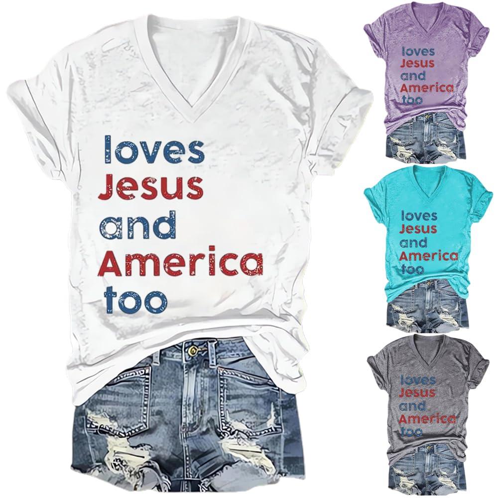 FYAPHION 4th of July Tops for Women Loves Jesus and America Too Shirt Patriotic Shirts Red White and Blue Tshirts White S