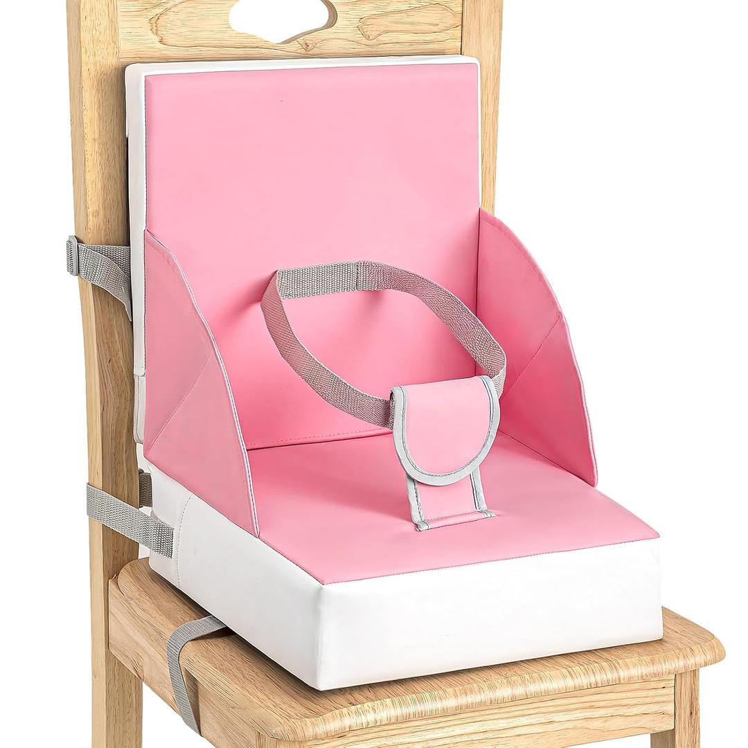 Toddler Booster Seat for Dining Table, Portable Kids Seat with Safety Buckles, High Cushion for Travel with Non-Slip Bottom, One-Second Cleaning (Pink)