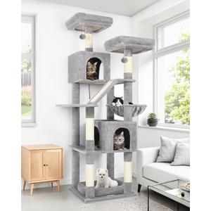 Globlazer Large Cat Tree Tower for Indoor Cats, 74in Tall Sturdy Cat Tree Condo for Large Cat with Scratching Posts and Board, Cat Condos for Adult Cats Kittens, Top PerchesPet Bed, F74D, Light Grey