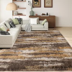 Shag Rugs for Living Room 8x10, Ultra Soft Abstract Brown Big Fuzzy Rugs for Bedroom, 8 x 10 Fluffy Shaggy Plush Carpet Girls Kids Room Dorm Upgrade Non-Slip