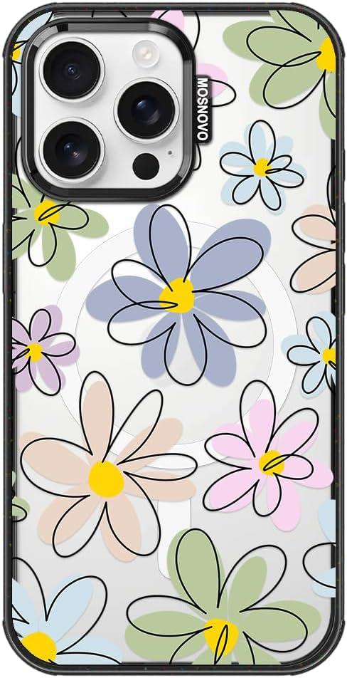 MOSNOVO Magnetic Case for iPhone 16 Pro Max, 10ft Military-Grade Protection, Compatible with Magsafe, Shockproof Phone Case for iPhone 16 Pro Max - Linear Blooms - Clear Black