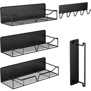 Magnetic Shelves for Washing Machine & Fridge Utentils Rack 5 Pack- Metal Heavy Duty Magnetic Shelf Magnetic Laundry Organizer with Hooks and Towel Holder for Magnetic Laundry Room Storage (Black)